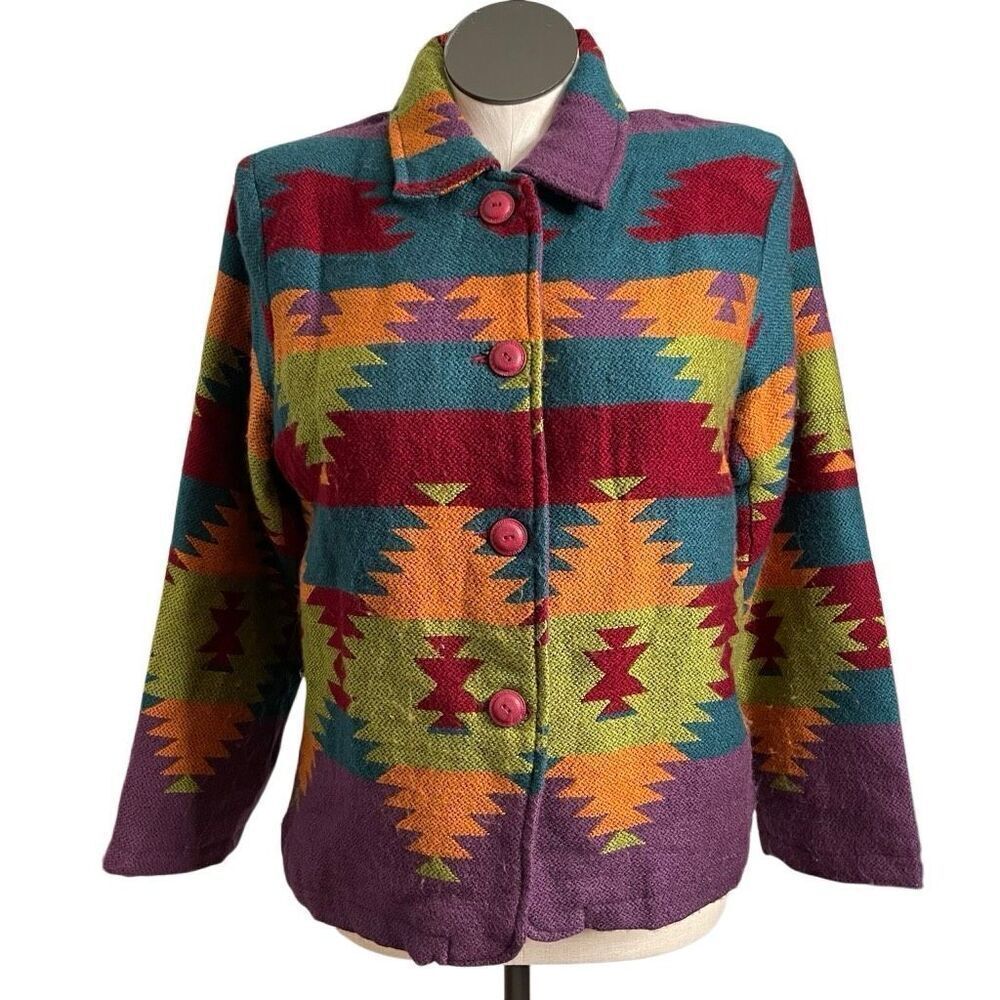 Vtg KEREN Hart Womens Wool Southwestern/Aztec Blanket Jacket L Tapestry Boxy Fit